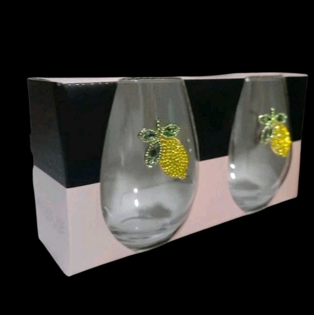 2pc Rachel Zoe Lemon Jeweled Rhinestone Stemless Wine Glass Cocktail Set NEW - Picture 3 of 8